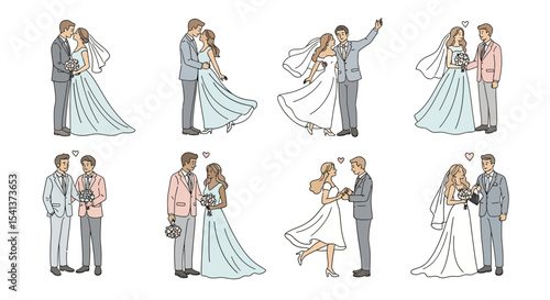 Six Diverse Couples in Wedding Attire: Illustrated Set of Happy Brides and Grooms