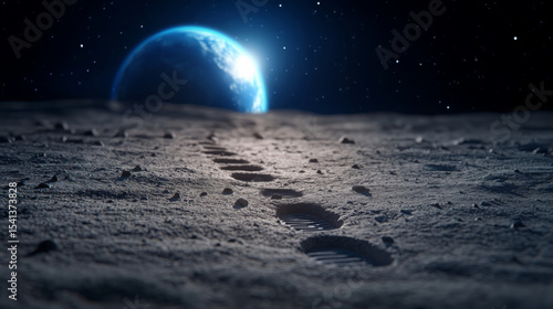 Footprints moon surface space Earth distant exploration cosmic adventure silence