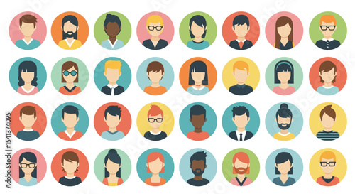 Collection of Diverse Flat Design Avatar Icons in Colorful Circles, Representing Various People