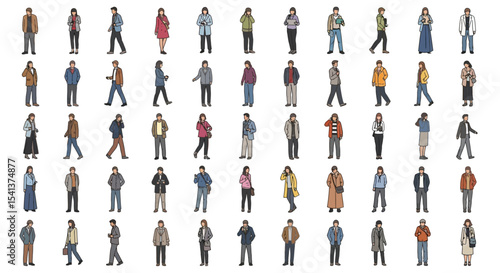 Diverse Collection of 60 Hand-Drawn Casual People Illustrations, Walking and Standing, in Various Poses and Attires