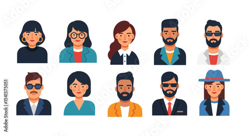 Diverse Group of Flat Vector People Avatars with Various Styles and Outfits