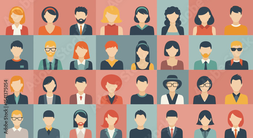 Diverse Group of Flat-Style Avatar Portraits, Colorful Backgrounds, Vector Illustration.