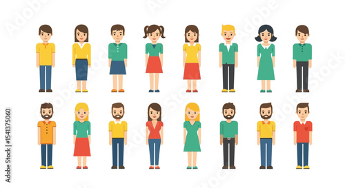 Diverse Group of Flat-Style Cartoon People: Men and Women in Casual Attire