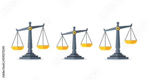 Three Gray and Yellow Scales of Justice with Chains on White Background
