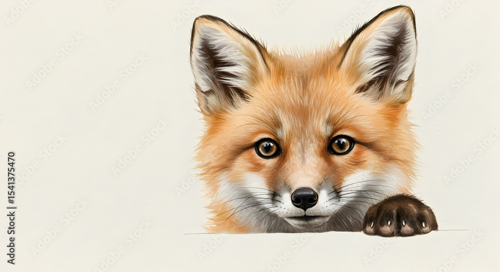 Fototapeta premium Adorable Fox Kit Peeking Over White Background Wildlife Animal
