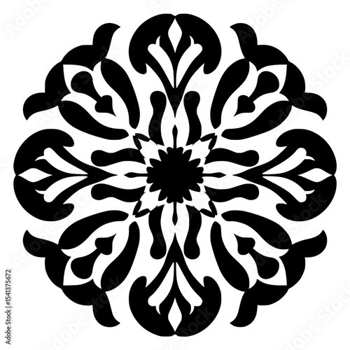 Black floral mandala with symmetrical patterns, round decorative background