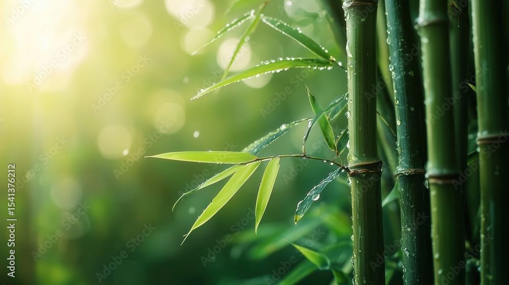 Fototapeta premium Bamboo forest growing in sunlight with water drops on leaves