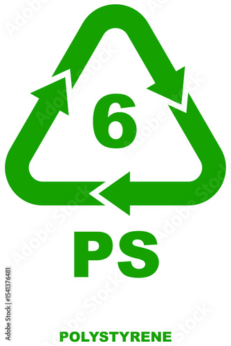 Plastic recycling code number 6, symbol for polystyrene, green triangular arrows and a number six in the center for recycling with PS letters.