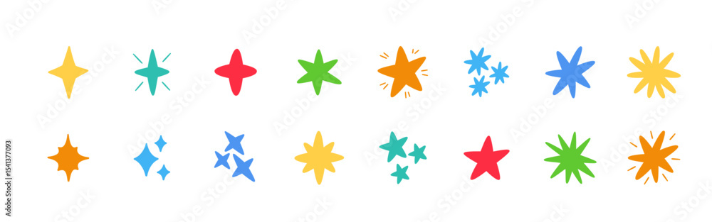 Doodle glitter twinkle star icons set. Hand drawn shine star burst symbol. Sketch magic blink collection. Color doodle spark shape icons. Vector illustration on white background.