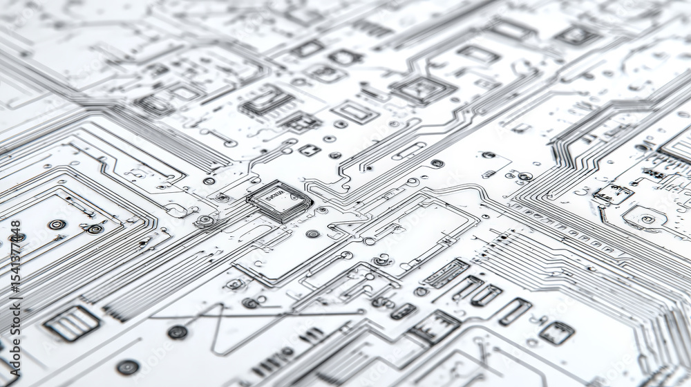 Fototapeta premium An ultra-realistic 4K technical sketch of a circuit board viewed from above, drawn with drafting pencil precision. Generative AI