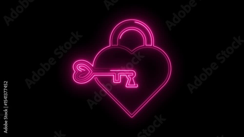 Neon heart lock with key symbolizing love and security in a romantic valentine theme