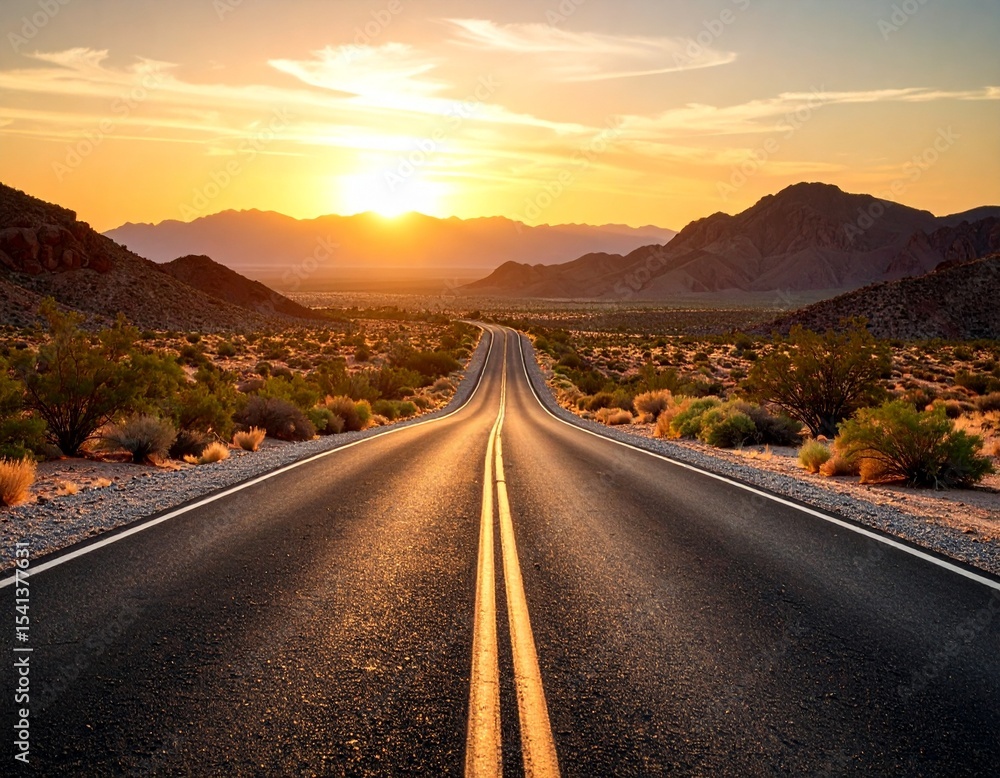 Fototapeta premium Empty Desert Road Leading Toward Sunset, Minimalist Perspective
