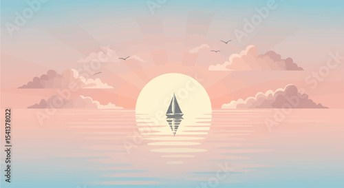 Serene sailboat glides across calm ocean waters at sunset, reflecting in the tranquil pink and blue sky.