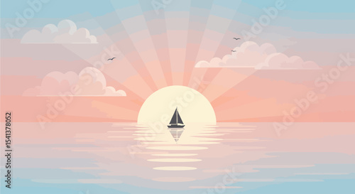 Serene sailboat at sunrise, gliding peacefully across calm ocean waters, bathed in soft pastel light.
