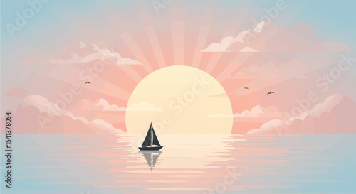 A sailboat sails serenely across the ocean under a beautiful sunset.