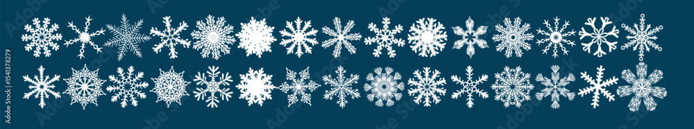 Collection of snowflake variations icons. Snowflakes white ice crystals on dark background. Symbol of winter. Christmas logo hand drawing. Not AI. Vector illustration. Collection of snowflake variations icons. Snowflakes white ice crystals on dark background. Symbol of winter. Christmas logo hand drawing. Not AI. Vector illustration.