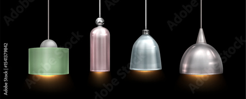 Modern ceiling pendant lamp set with various geometric shapes - cylindrical, dome and bell designs in metallic finishes, illuminated with warm light for contemporary interior lighting, home decor.