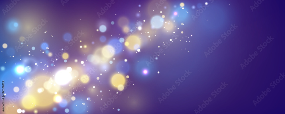 Fototapeta premium Dreamy gold blue bokeh background with floating light particles - realistic magical sparkles and soft glowing orbs on gradient backdrop for festive designs, award ceremonies, premium presentations.