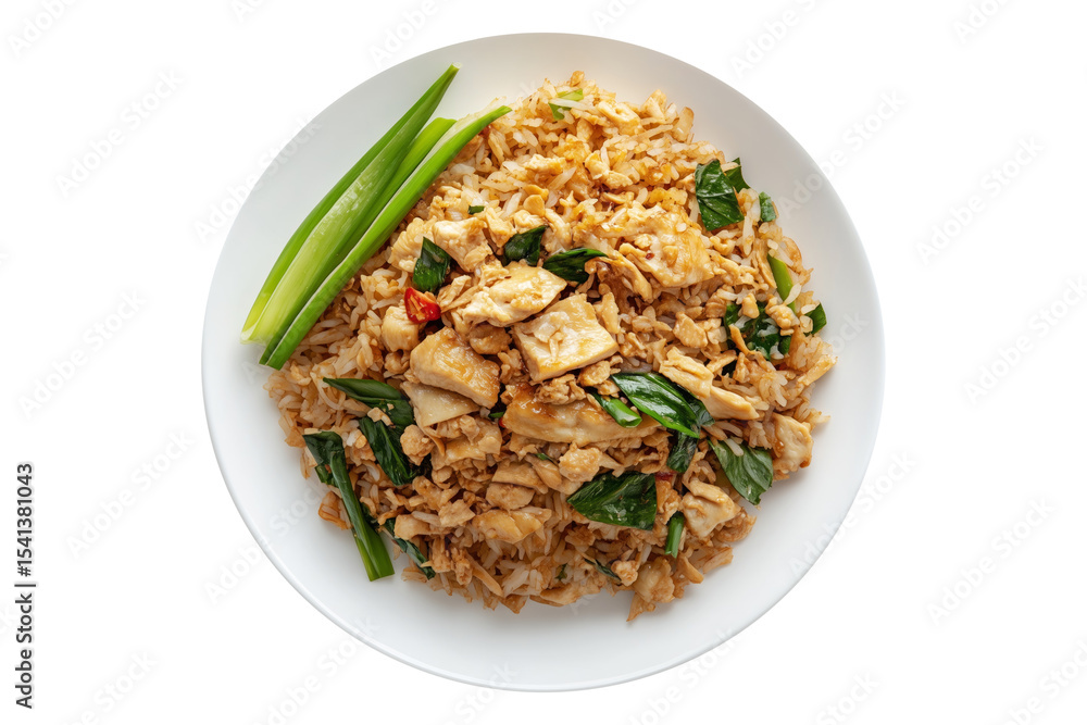 Spicy chicken fried rice Khao Pad with vegetables and shrimps on plate, isolated on white transparent background, concept of Asian food presentation Spicy chicken fried rice Khao Pad with vegetables and shrimps on plate, isolated on white transparent background, concept of Asian food presentation