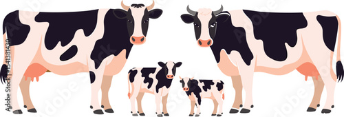 Holstein cow family illustration, cartoon farm animals, adult cows and calves, black and white dairy cattle, livestock isolated on white
