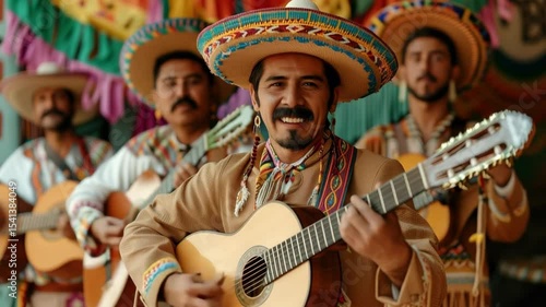 Latino Musicians Playing Acoustic Guitars Wearing Sombreros