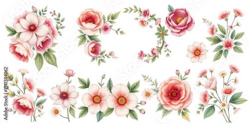 Elegant hand-drawn vintage floral bouquets, wreaths, and individual blooms in a delicate style, flowers, line art