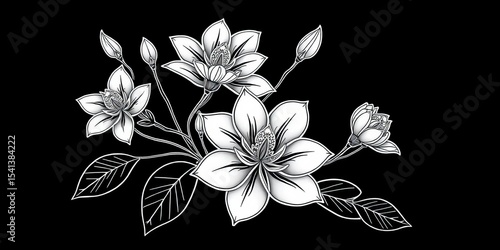 Elegant jasmine flower line art ornaments, intricate details, minimalist style, black, nature