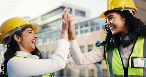 Tableau sur toile High five, women or contractor in city for architecture project, success or construction site