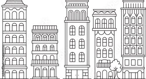Black and White Line Art City Buildings Illustration