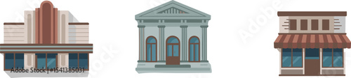 Flat vector illustration of vintage movie theater, classic bank building, and small coffee shop exterior, perfect for urban cityscape design projects