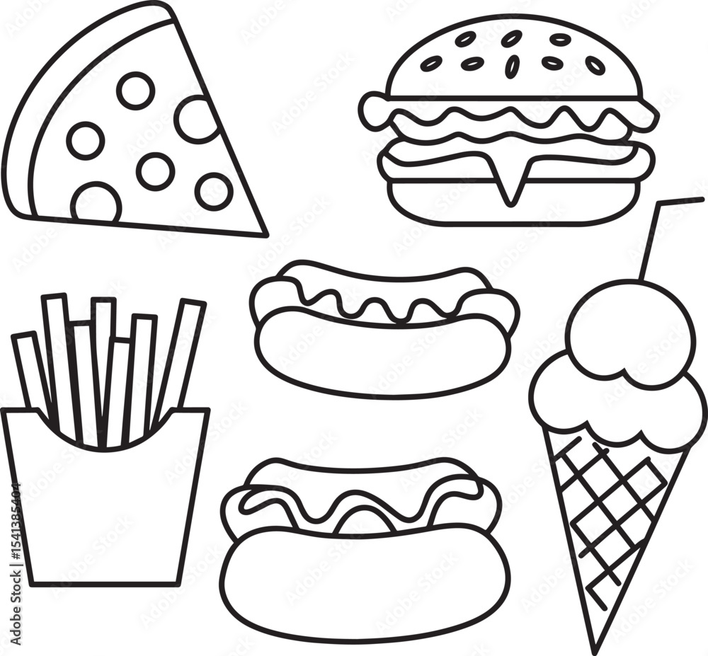 Black and White Line Art Fast Food Icons Pizza Burger Fries Hot Dog Ice Cream Black and White Line Art Fast Food Icons Pizza Burger Fries Hot Dog Ice Cream