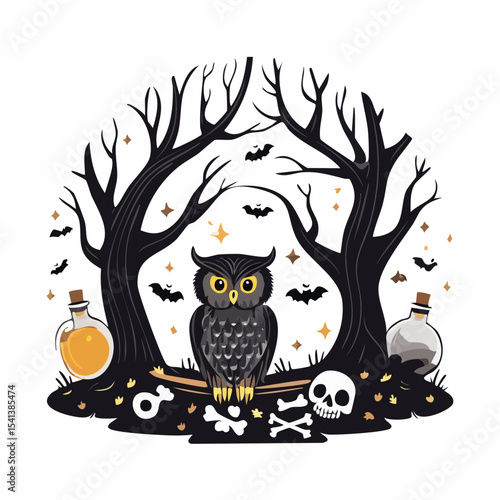 Mystical Night Dweller: An owl, its eyes gleaming with secrets, perches serenely amidst the shadows of a moonlit forest, surrounded by subtle symbols of mystery.