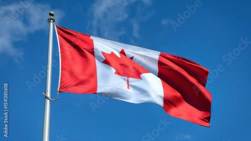 Canadian Flag Waving Against a Blue Sky with Clouds on a Flagpole