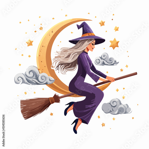 Whimsical Witch on Broom: A magical and enchanting scene of a witch soaring across the night sky on a broom, with the moon and stars providing a backdrop for the fantasy. 