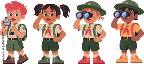 Cartoon kids in scout uniforms, exploring, hiking, compass, binoculars, camping gear, adventure, smiling children, teamwork, outdoor education