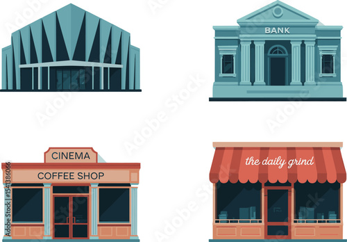 Vector illustration of city buildings, cinema, bank, coffee shop, modern and vintage architecture, storefronts, 