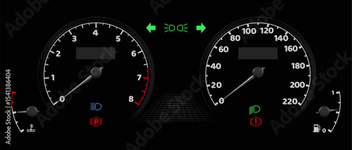Car dashboard speedometer interface with glowing gauges showing speed numbers, tachometer dial, fuel tank indicator meter on black background for vehicle instrument panel automotive display design.