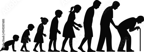 Silhouette human life evolution, baby to old man, aging stages, growth process, development