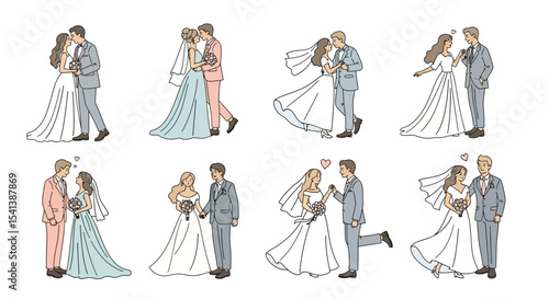 Diverse Wedding Couples Illustration: Bride in White Dress and Groom in Suit
