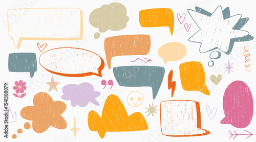 Crayon drawn speech bubble set - hand sketched communication elements with textured strokes. Colorful thought clouds, dialogue boxes and doodles for kids illustrations, playful messaging design.