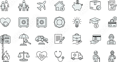 Insurance related icon set, vector black line symbols, healthcare, safety, finance, travel, policy, protection, risk, emergency, legal, secure, claim, coverage