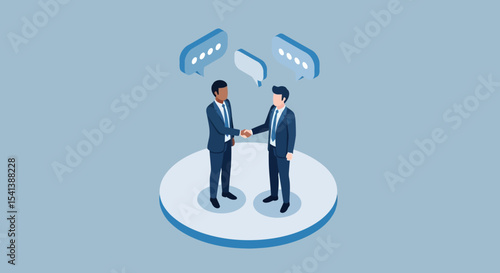 Isometric Illustration of Two Businessmen Shaking Hands, Agreement Concept