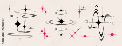 Y2k aesthetic star shapes set with sparkles and swirls in black gradient and pink colors - retro elements for tattoo design. Nostalgic 2000s cosmic symbols with orbital rings and starburst patterns.