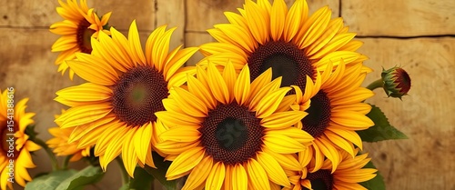 Elegant sunflower design, vibrant yellow & brown hues, rustic chic style,  background,  leaves