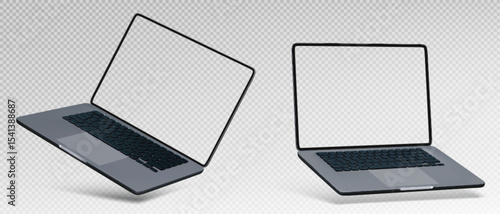 Laptop pc mockup with transparent screens - notebook computers in different angles for app presentation, website display or digital product showcase with blank monitors ready for custom content.
