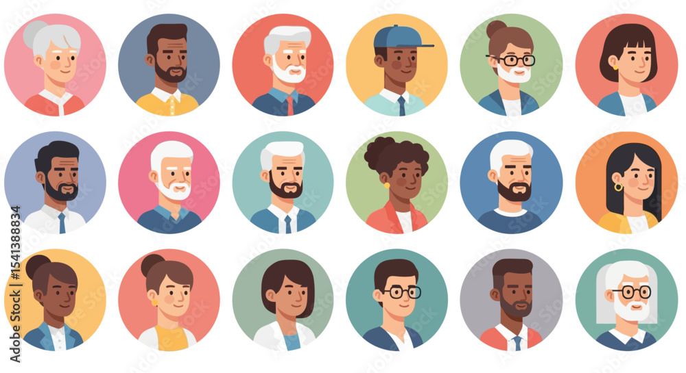 Diverse Set of Flat-Style Cartoon Avatar Icons: Smiling Men and Women of Different Ages and Ethnicities Diverse Set of Flat-Style Cartoon Avatar Icons: Smiling Men and Women of Different Ages and Ethnicities