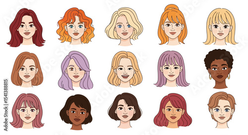 Diverse Set of Cartoon Women's Faces with Varied Hairstyles and Skin Tones
