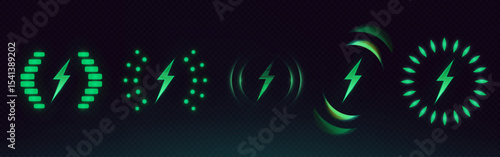 Glowing wireless charge battery icons collection - neon green power indicators showing lightning bolts with circular loading patterns on dark bg for technology interface, mobile device charging.