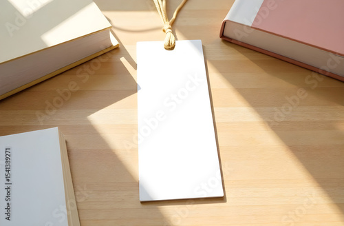 Blank bookmark mockup with yellow tassel on wooden background, top view. Price tag mockup