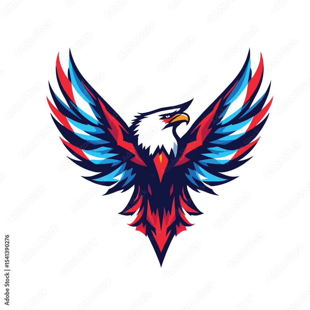 Obraz premium Stylized Eagle with Outstretched Wings in Red, Blue, and White Accents, Dynamic Vector Symbolizing Strength, Freedom, and National Pride